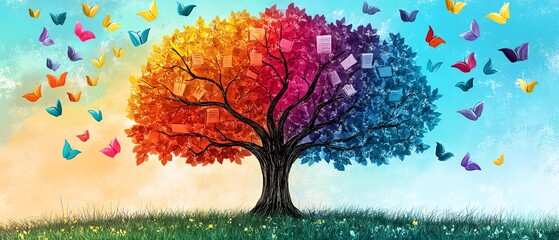 A colorful tree of knowledge with each branch representing different subjects, symbolizing academic success and inspiration for students