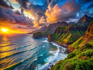 Naklejka premium Na Pali Coast Sunset: Dramatic Cliffs & Pacific Ocean at Blue Hour