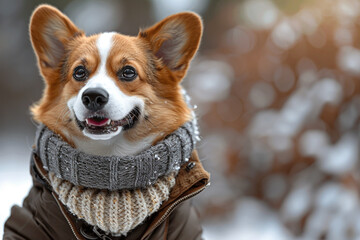 Happy active dog walking in a snowy park in winter.