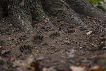 Fototapeta premium Animal tracks in soil near a tree, suggesting wildlife activity in the area.