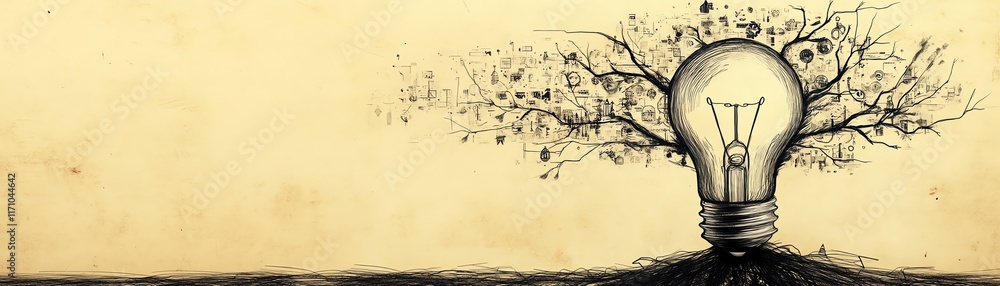 Poster a dynamic pencil sketch of a light bulb transforming into a tree of ideas, with branches and roots m