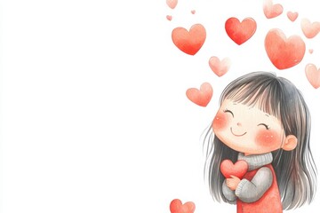 Naklejka premium Heartwarming card design featuring a cheerful girl holding a heart, celebrating love on Valentine’s Day