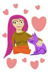 Vector illustration of a sitting woman with a cat next to her. Sitting woman, portrait, cat. A woman stroking a cat, a heart around a woman with a cat.