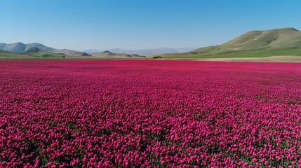 Obraz premium A vast vibrant expanse of colorful blooms stretches out beneath a crystal clear blue sky framed by rolling green hills in this stunning serene landscape