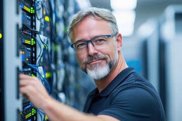 Experienced IT technician managing server equipment in a modern data center. Showcasing expertise in technology, networking, and infrastructure maintenance in a secure environment.  
