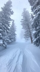 Fototapeta premium A snow-covered path through a tranquil winter forest, surrounded by snow-laden trees and gentle snowfall, creating a peaceful and serene atmosphere.