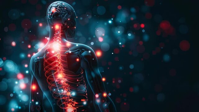 A human body with glowing spine and joints