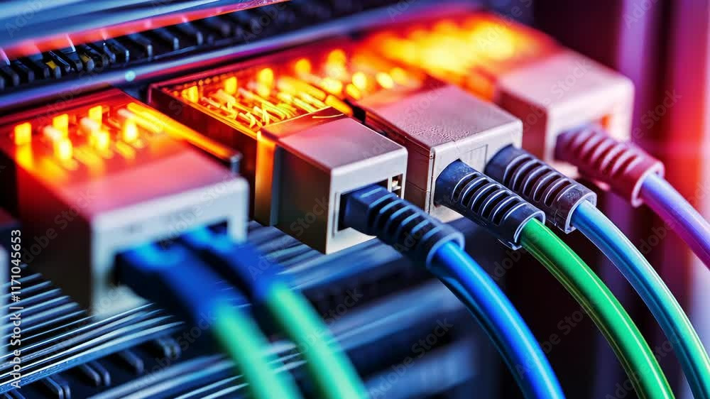 Poster close-up of ethernet connectors and network cables in a server room setting