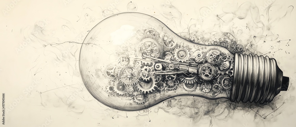 Poster a pencil illustration of a light bulb with intricate gears and mechanisms inside, representing the c