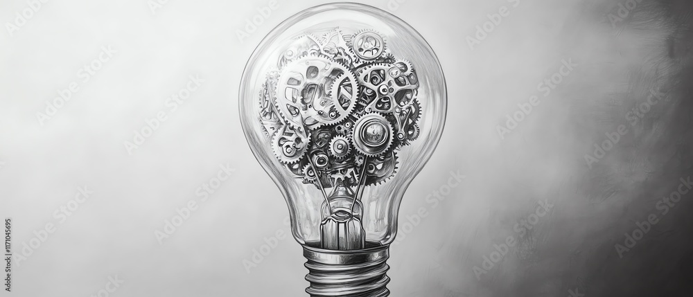 Poster a pencil illustration of a light bulb with intricate gears and mechanisms inside, representing the c