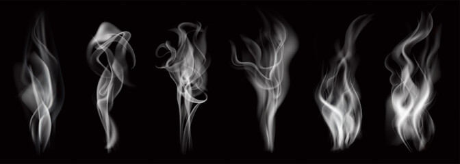 Set of realistic transparent fire smoke pattern, winter fog or mist effect, hot food, drink or water steam, nature sky cloud, weather element and explosion wave. Cigarette or chimney smoke symbol art.