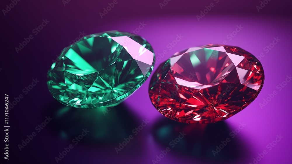 Fototapete shimmering emerald green and ruby red jewel tones set in a 3d rendering on a deep purple background.