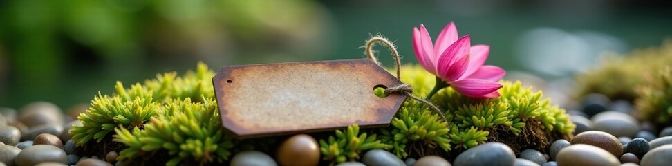 Fototapeta premium A solitary pink flower with a slender hanging ribbon tag resting on a bed of soft moss and pebbles, tag, blossoms