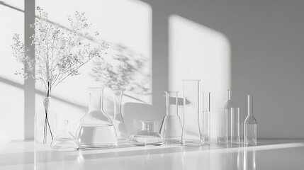 Scientific laboratory glassware display minimalist studio photography bright light aesthetic composition