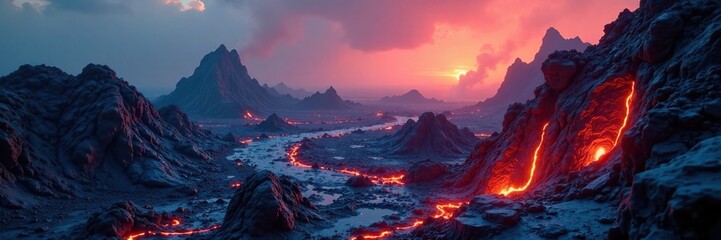 A twisted landscape of jagged rock formations with burning flames in the distance, lava flow, distant, rock formation