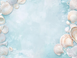 A whimsical frame of pastel shells in pink, coral and cream colors frames a clean pale blue ocean...