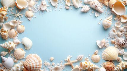 Obraz premium A whimsical frame of pastel shells in pink, coral and cream colors frames a clean pale blue ocean background, creating an artistic and balanced design