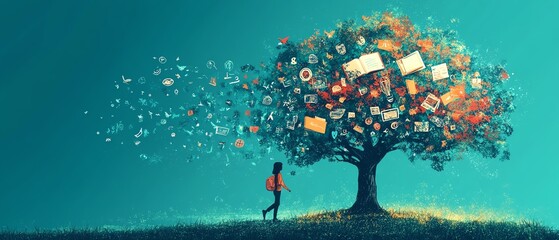 A student walking under a large tree made of knowledge, with symbols of achievement and inspiration, representing the path to success in education