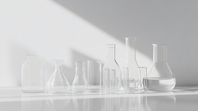 Scientific experiment setup in modern laboratory minimalist design clear glassware bright natural light abstract concept