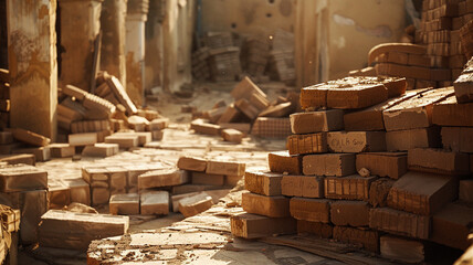 Bricks Drying in Sunlight: Rows of newly molded bricks drying in the open, showcasing the dedication to traditional and natural brickmaking techniques.