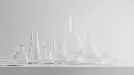 Scientific experimentation in a modern laboratory setting featuring glassware clean environment minimalist aesthetic