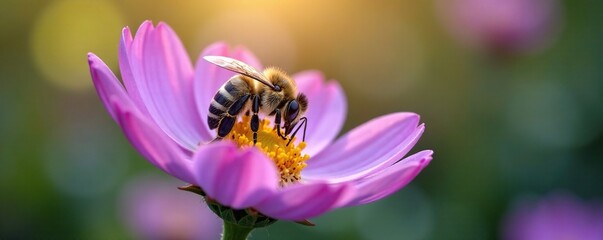 Bee sipping nectar from delicate purple flower petal, flowers, nectar