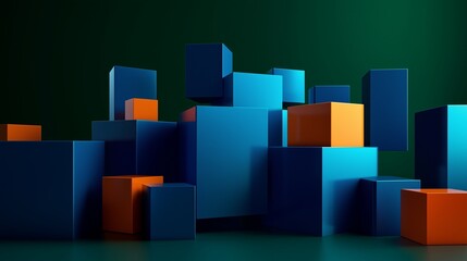 Obraz premium Vibrant blue and orange geometric shapes in a 3D render, set against a dark green background. The composition includes a prominent, centered negative space for dramatic effect.