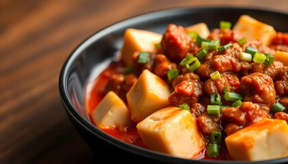 Close-up of Delicious Spicy Tofu with Meat Dish