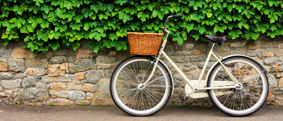 Secondhand shop, antique & vintage concept. A vintage bicycle with a wicker basket against a stone wall and lush greenery.
