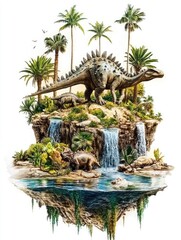 Obraz premium A vibrant illustration of a dinosaur in a lush, tropical landscape with waterfalls and vegetation.