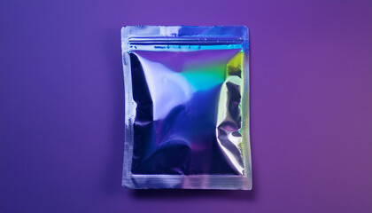 Holographic iridescent resealable pouch. Foil product packaging. Mock-up for food or cosmetic.