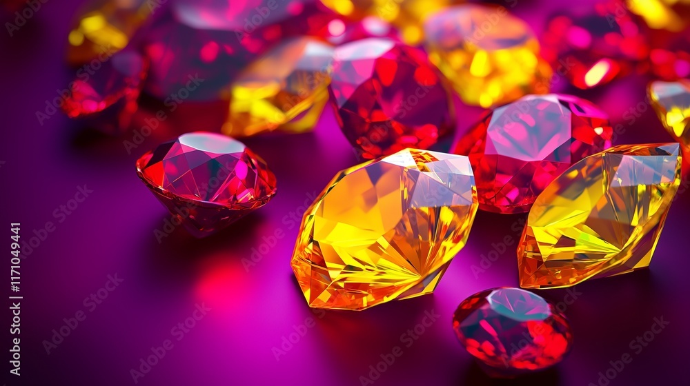 Aufkleber vibrant topaz yellow and ruby red jewel tones on a high-contrast purple background with centered neg