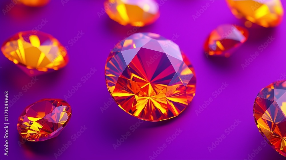 Aufkleber vibrant topaz yellow and ruby red jewel tones on a high-contrast purple background with centered neg