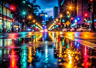 Obraz premium Night Photography: Cross-Eyed Streetlight Reflection in Wet Asphalt