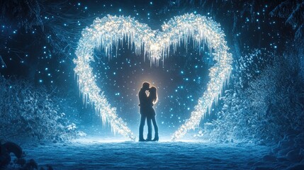 A magical winter wonderland where a couple shares a kiss under a heart-shaped arch made of icicles and glowing lights.
