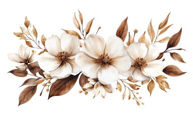 A beautiful arrangement of cream and brown flowers with leaves