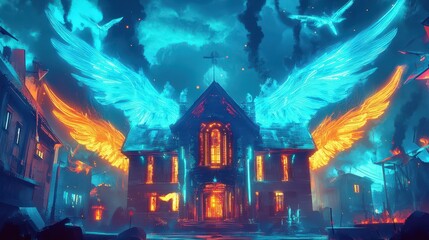 Angelic Wings Embrace Burning Church Amidst Urban Decay