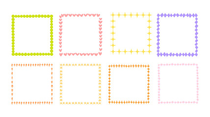 Decorative Frame Collection Vibrant Pattern. A collection of 8 decorative square frames with bold patterns, featuring hearts, flowers, stars, and geometric shapes in pastel and vibrant colors