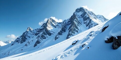 Dense snowflakes fall on rugged granite slope, cold, snowy peak