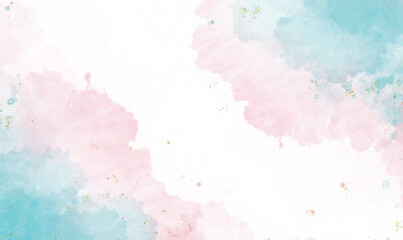 Obraz premium Abstract Watercolor Style illustration with Light Blue and pink Paint Stains on a White Background and golden splashes, design template for card ,wedding invitation or birthday