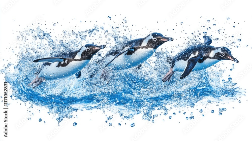 Aufkleber three penguins jumping through water, creating splashes in a dynamic scene.