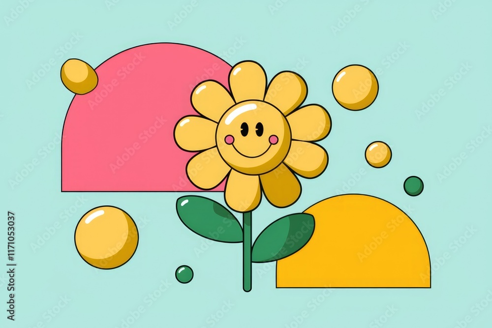 Poster a cheerful cartoon sunflower with a smiling face, surrounded by colorful abstract shapes.