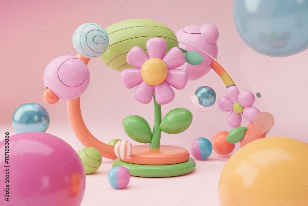 Leinwandbilder a whimsical 3d rendering of pastel-colored flowers, spheres, and abstract shapes, creating a playful