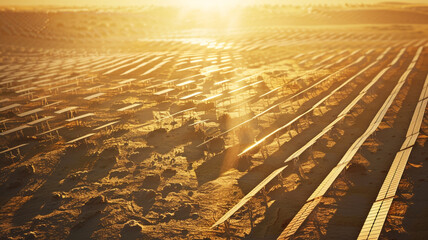 A desert solar farm with rows of solar panels harnessing sunlight, reflecting the global move towards renewable energy in the fight against climate change.