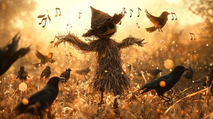 Dancing scarecrow surrounded by crows in a golden autumn field, musical notes in the air.