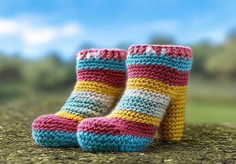 Colorful hand-knit booties with striped patterns, warmth, comfort, innocence, and charming creativity.