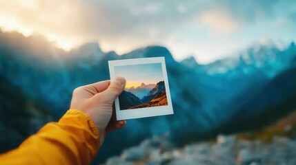 A hand holds a photo of a mountain landscape against a scenic backdrop.