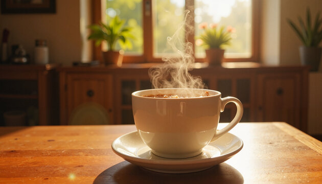 Steaming cup of tea in rustic living room, concept of anosmia