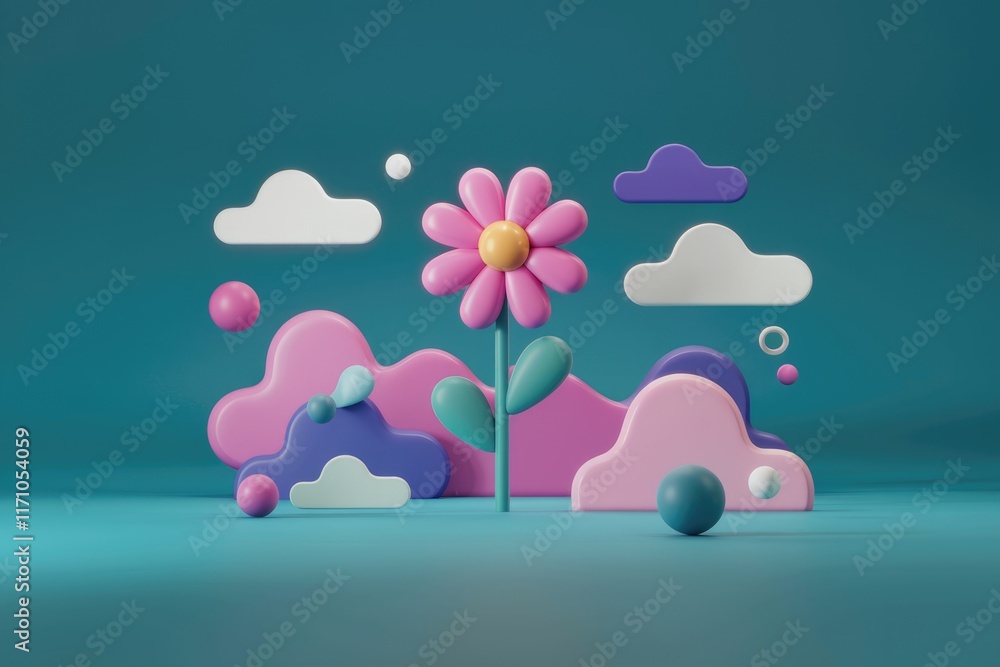 Poster a vibrant 3d rendering of a cartoon flower amidst playful clouds and spheres, evoking joy and whimsy
