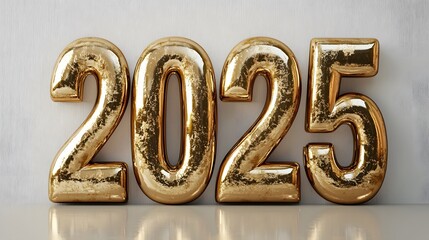Metallic golden 2025 numbers showcase glossy chrome texture and reflective surfaces in minimalist design, featuring luxury typography and high-end finish with professional lighting effects.
